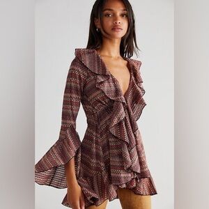 Free people Brown and Orange Ruffled Wrap Top with V-Neck